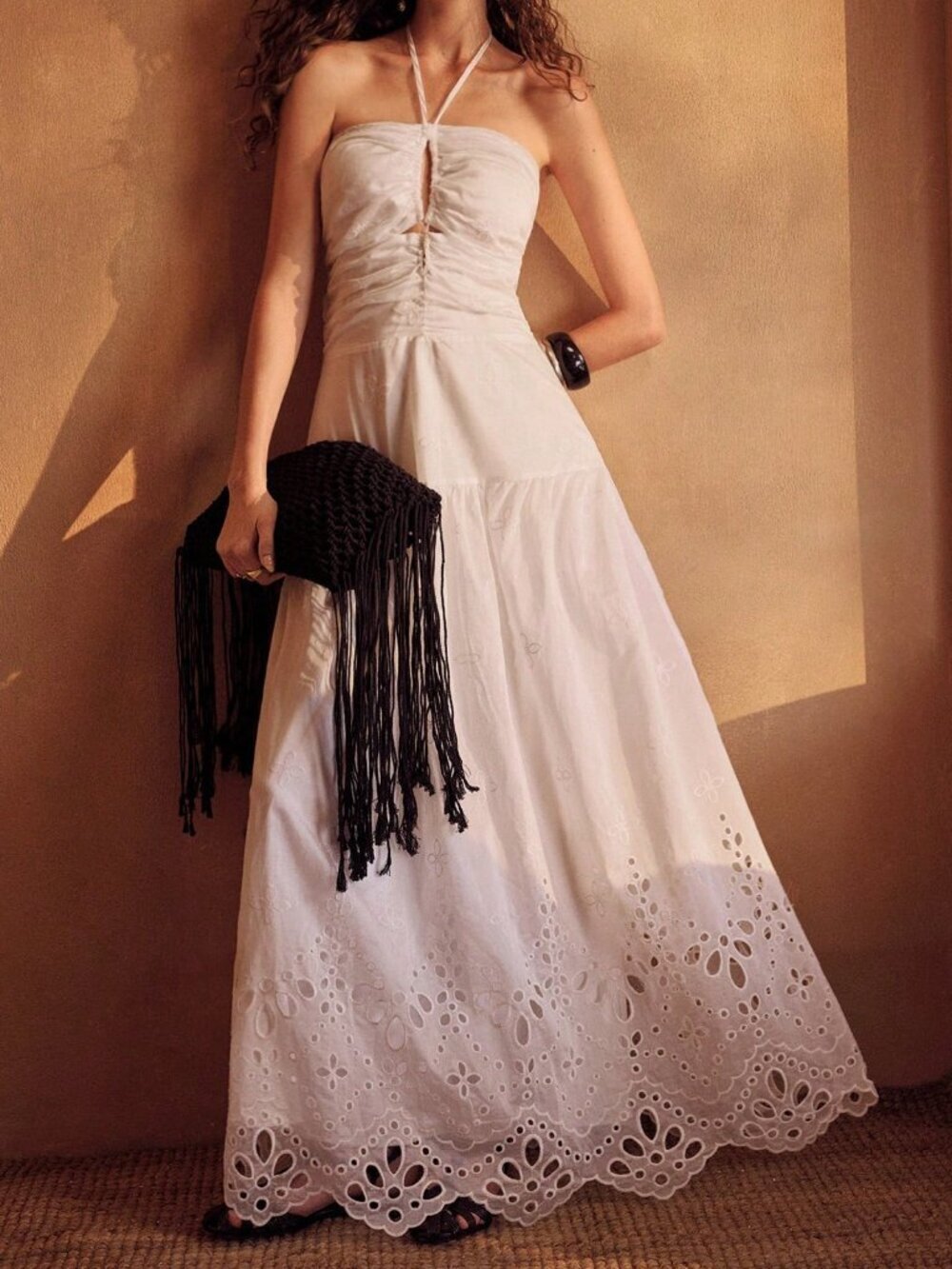 Beige Boho Women's Embroidered A-Line Dress